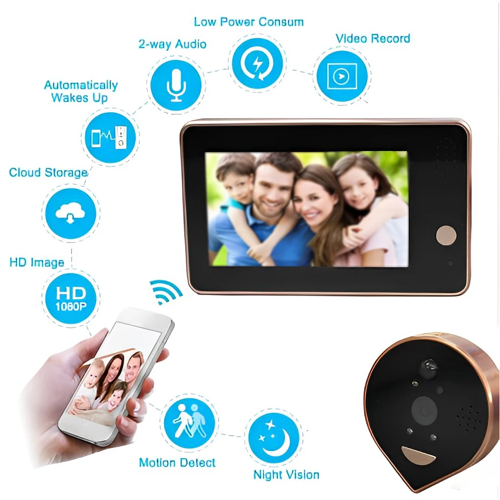 Video Door bell Smart Home Peephole Doorbell 1080P Camera wifi 4.3 Inch HD Night PIR wireless call chime For IOS For Andriod