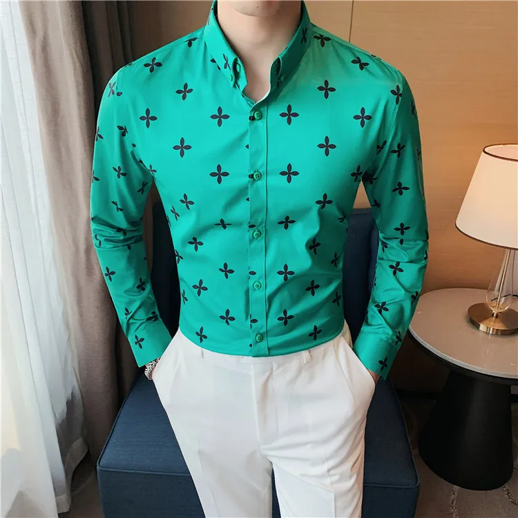 

High End Men Dress Shirt Fashion Flower Print Long Sleeve Social Wear Chemise Homme Brand Business Mens Casual Shirts Plus Size
