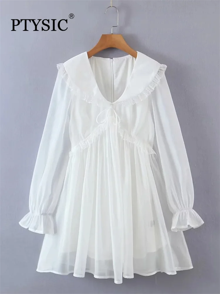 

Fashion Women White Ruffles Long Flare Sleeve A-Line Mini Dress Lace Up V-Neck Patchwork New Arrival Femme Vestidos