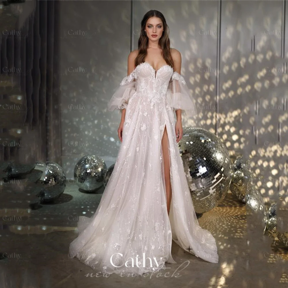 

Sexy A-line Wedding Dress Glitter Off The Shoulder Vestidos De Novia Sequins Tulle Sweep Train Robe Mariée With Puffy Sleeves