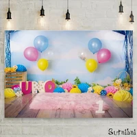 Blue Sky Backdrop Photocall Pink Child 1st Birthday Party Decoration Balloon Floral Cake Smash Background for Photography Studio