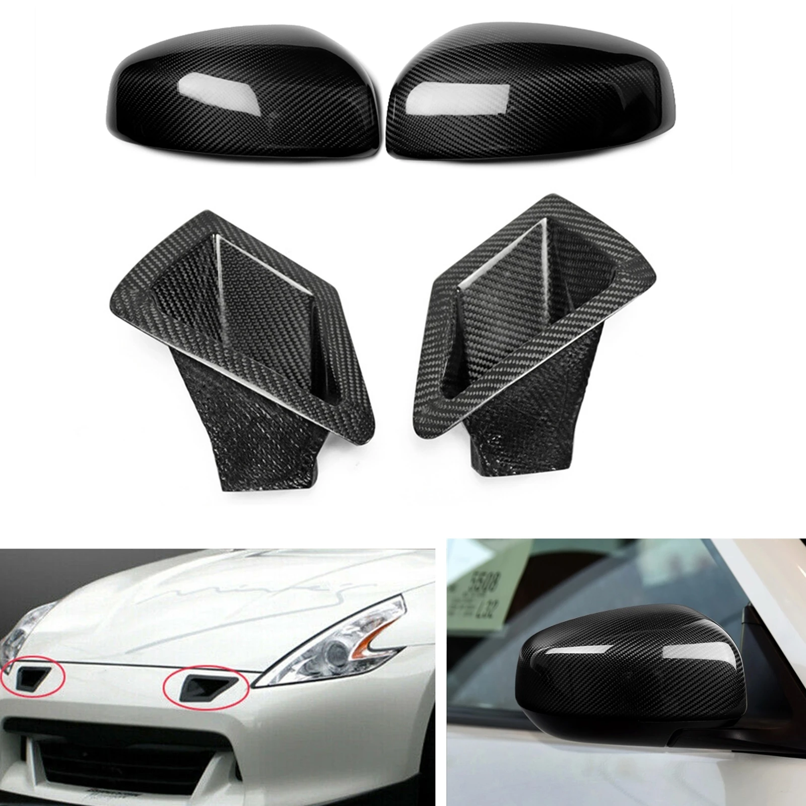

Carbon Fiber Rear View Mirror Cover Shell+Front Bumper Side Vent Air Duct Outlet Bonnet Hood Scoop For Nissan 370Z Z34 2009-2017