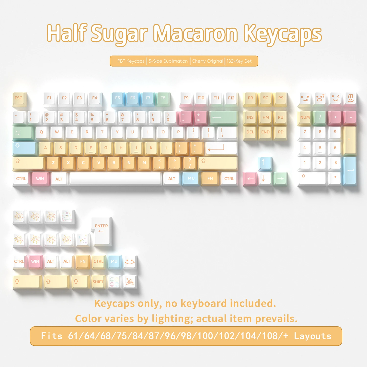 Фото Колпачки для клавиш Half Sugar Macaron, 132 клавиши, материал PBT, профиль Cherry, DYE-SUB, для механических клавиатур с переключателями MX, раскладка ISO ANSI №1