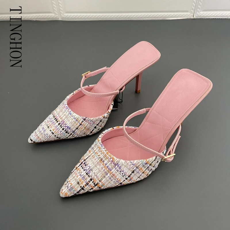 

Женские шлепанцы на тонком высоком каблуке, с острым носком