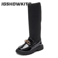 children boots autumn winter fashion girls high long sock boots kids metal chains buckle classic slip on chic princess boots