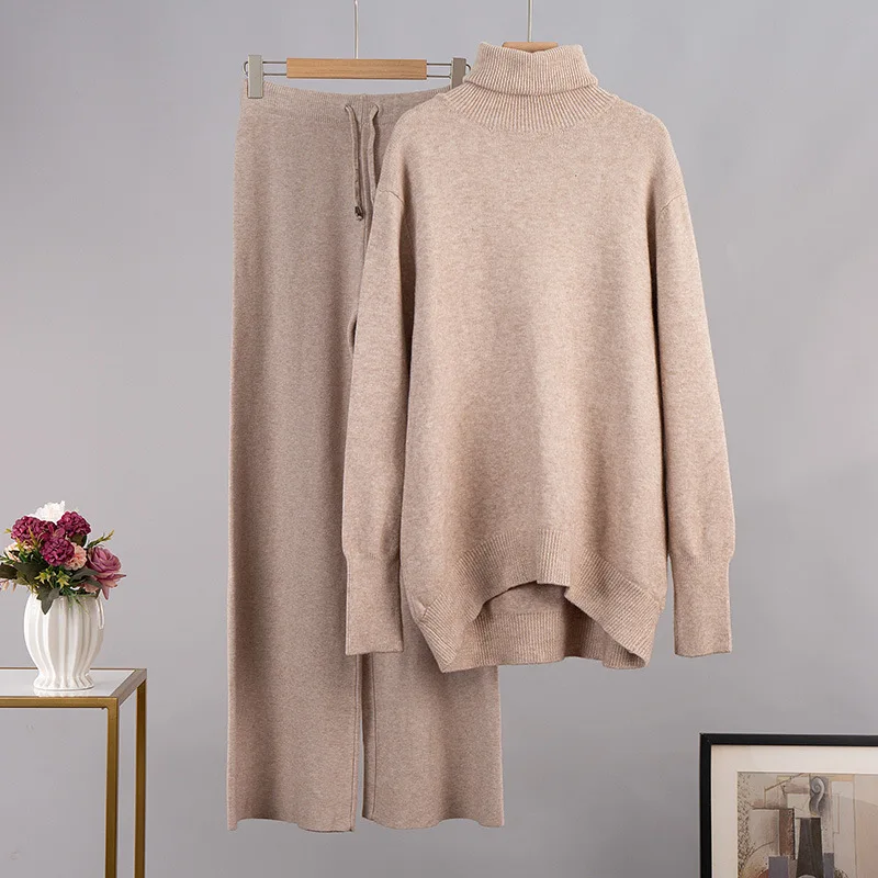 

Elegant Temperament Autumn Winter Sweater Sets Womens Outfits Turtleneck Sweater Wide-leg Mopping Pants Loose Casual Ladies Suit