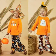 Halloween Girls Clothes Autumn 2pcs Toddler Girl Ghost Print Long-sleeve Tee and Ruffle Flared Pants Set