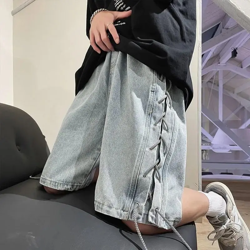 Five-point pants webbing denim shorts men design sense niche loose vibe tide brand summer thin section casual retro