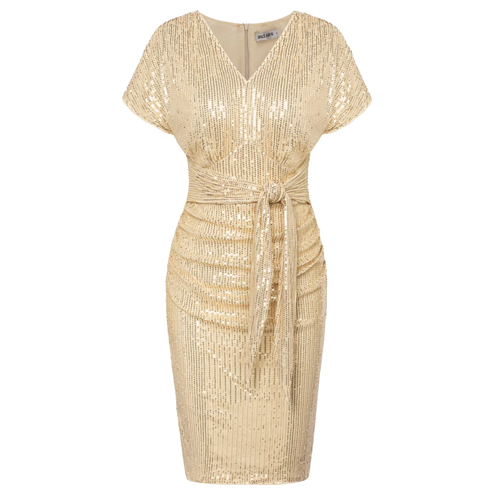 Женское облегающее платье с коротким рукавом V-образным вырезом и рюшами