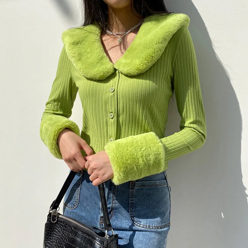 

Зеленые вязаные кардиганы в рубчик, Свитера с меховой отделкой, воротник, длинный рукав, узкие осенне-зимние Джемперы, женская вязаная одежд...