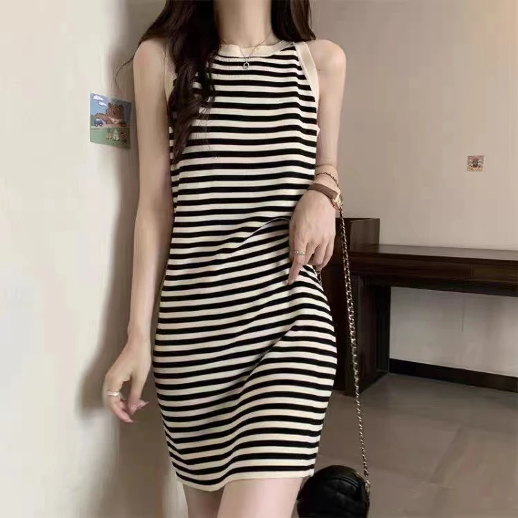 

Summer Knit O Neck Camis Dress Girls Contrasting Collar Stripe Sleeveless Tank Mini Dress Stretchy Thin Vestidoes For Women