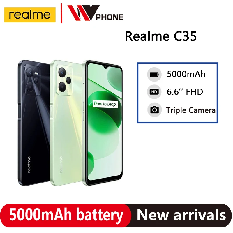Realme C35 4GB 64GB 128G Smartphone Unisoc T616 Processor Octa core 6.6" FHD 50MP AI Triple Camera 5000mAh Massive Battery