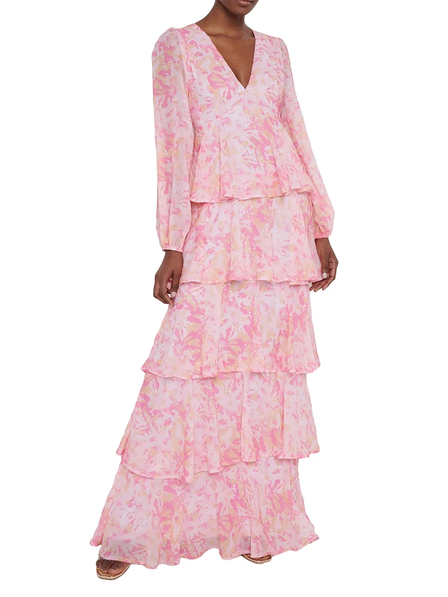 

Women Long Dress Fairycore Long Sleeve V Neck Tiered Party Dress Elegant Graphic Print Ruched Cake Dress