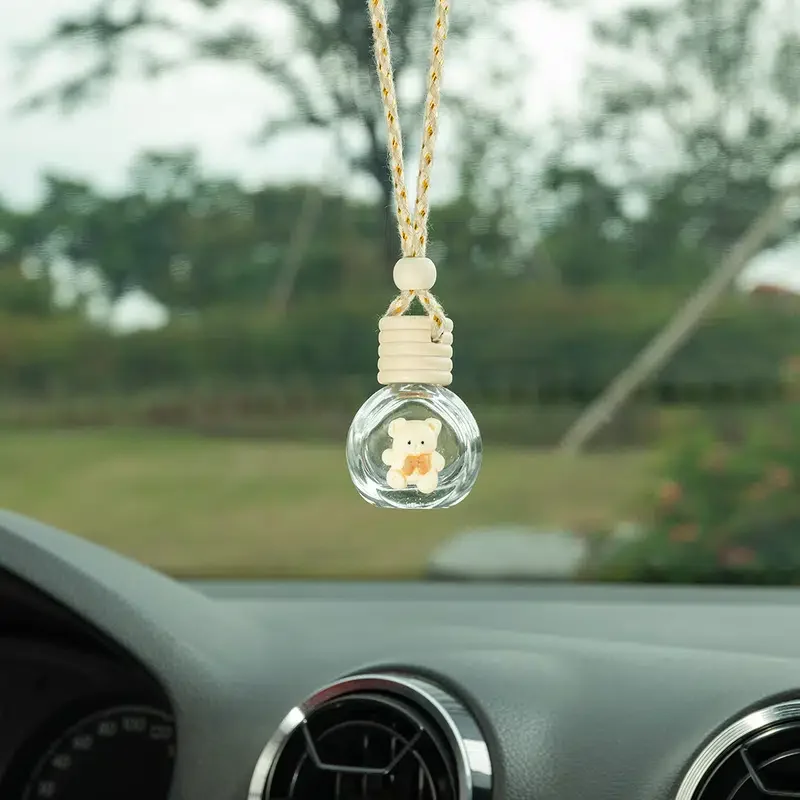 

1 PC Car Pendant Cute Bear And Rabbit Patch Perfume Transparent Glass Bottle Pendant Car Accessories