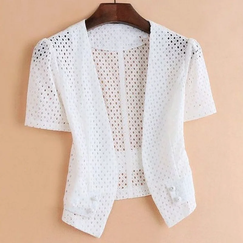 White Lace Shawl Women's Clothing 2023 Summer Short Hollow Cardigan Top Thin Coat Outercoat Short Sleeve Tops Femme Mujer E46