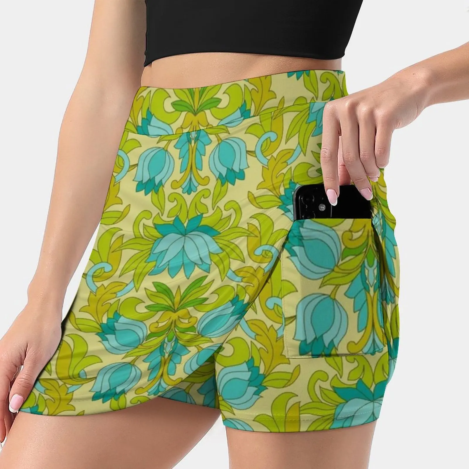 

Turquoise And Green Leaves 1960S Retro Vintage Pattern Women's skirt Sport Skort Skirt With Pocket Fashion Korean Style Skirt