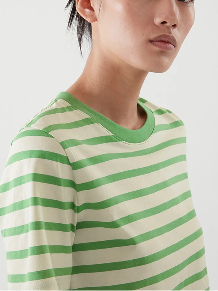 

2022 Summer Women O-Neck Green Striped T-Shirt Casual Ladies Short-Sleeved Simple Tee Tops All-Match T Shirts