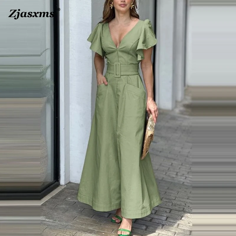 

Женское однотонное платье-трапеция с V-образным вырезом и рукавом лотоса