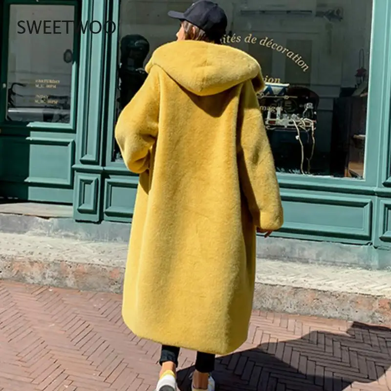 Winter Coat Women Faux Rabbit Hair Fur Coat Korean Hooded Imitation Mink Hair Long Jacket Loose Thick Warm Faux Fur Jacket Tide