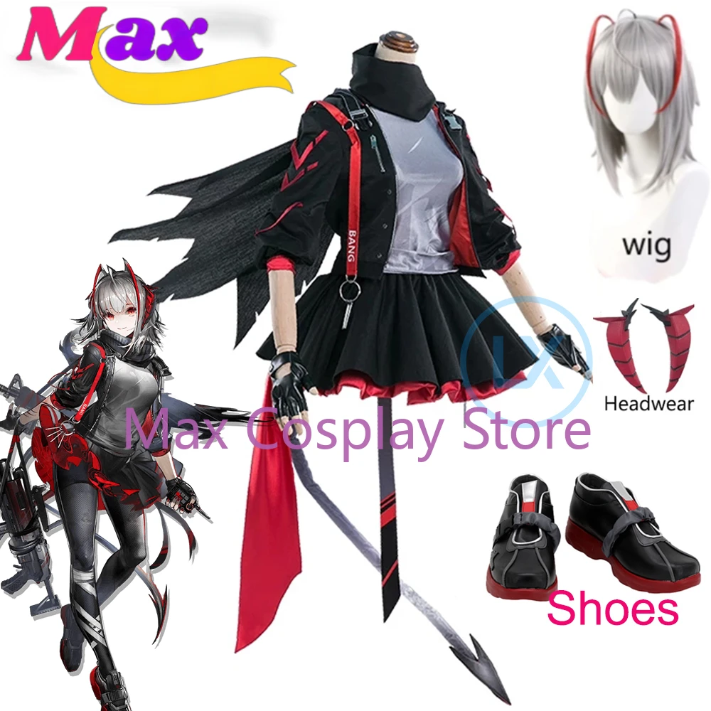 Max Game Arknights W Medic Battle Suit Lovely Uniform Headwear Cosplay Costume Halloween Outfit Dailydress for Women Wig Shoes