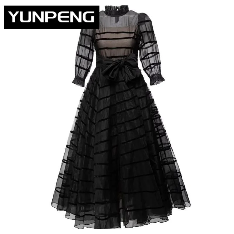 

Женское длинное платье с поясом, черное винтажное Модельное платье с воротником-стойкой и рукавами-фонариками, лето 2023