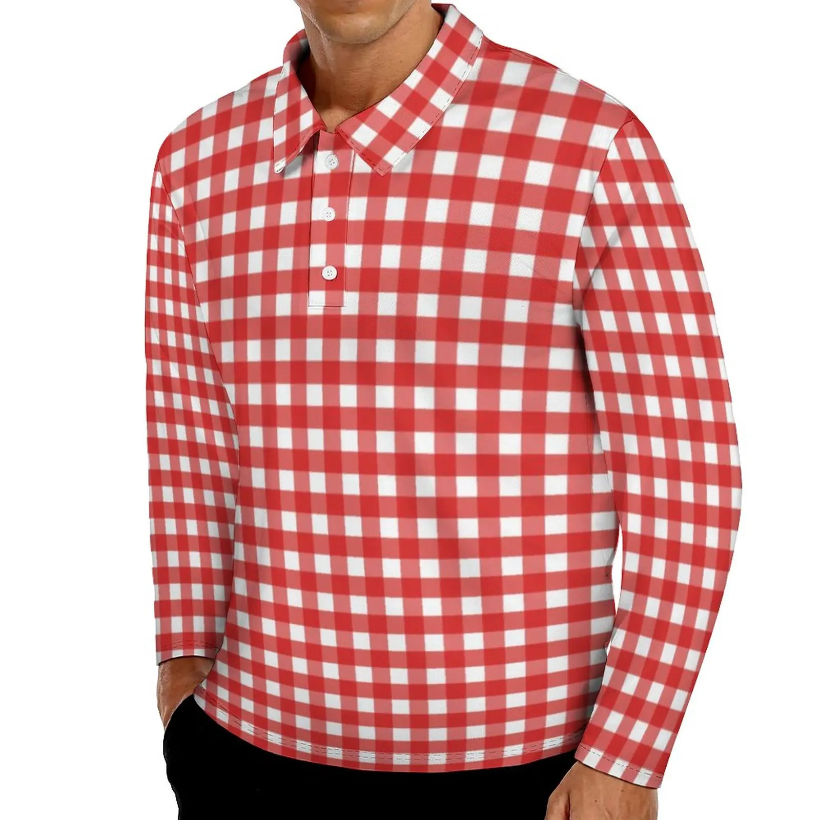 

Красно-белая клетчатая Повседневная рубашка-поло, классические футболки в клетку, рубашка с длинным рукавом, Осенние Новые Топы оверсайз, п...