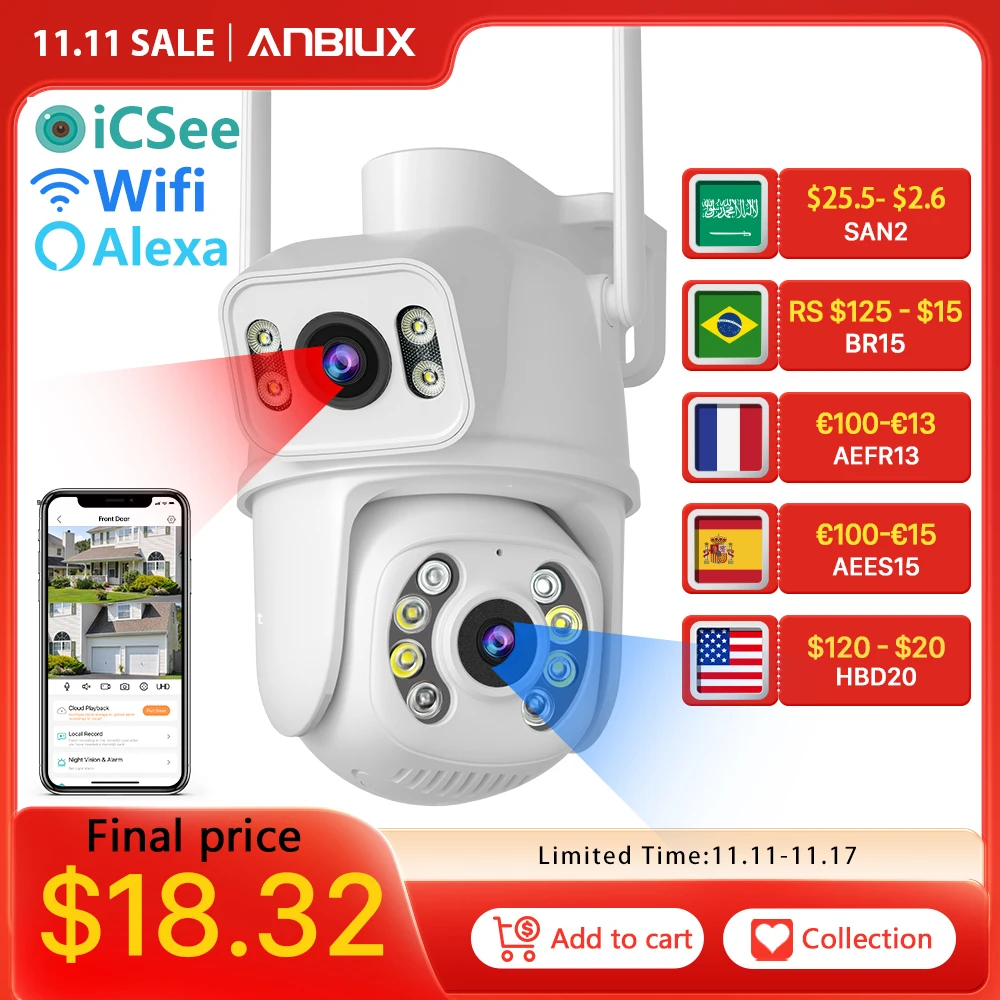 

8MP PTZ IP Camera Dual-Lens Multiple Views Human Detect Smart Night Vision Wifi Bluetooth Connection Surveillance Camera ICSEE