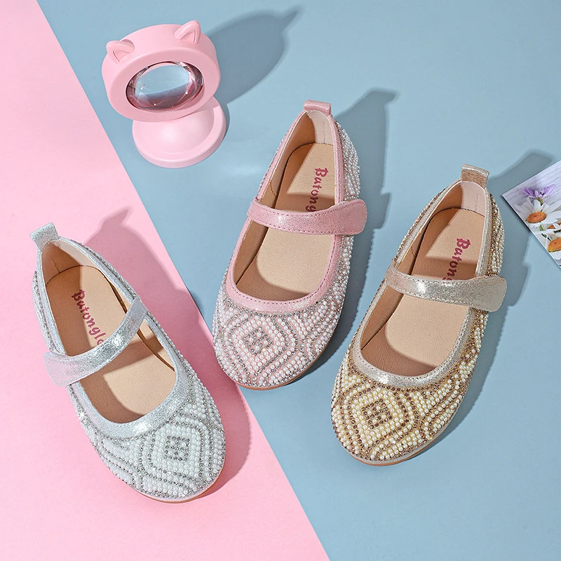 

New Children Shoes Rhinestone Pearl Princess Soft Bottom Fashion Baby Toddler Flats Breathable Kids Dance Shoes 02B