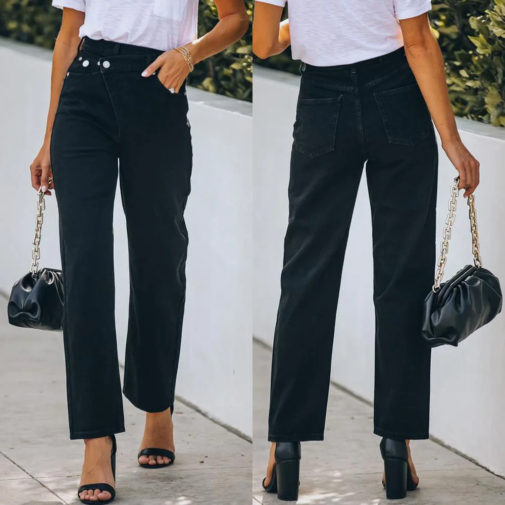 Women's New Black Denim Trousers Irregular Waist Design Personality Casual Pants Trend