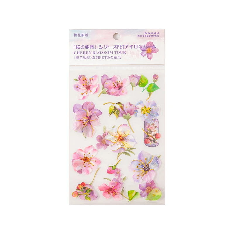 

40Packs Wholesale PET Bronzing stickers Pink Cherry blossom flower Sakura Material Decorative Adhesive Scrapbook surprise Supply