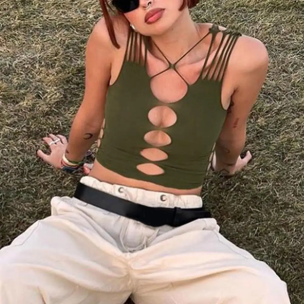 

Trendy Hollow Out Summer Green Crop Top Sleeveless Bandage Exposed Navel Pullover Vest Anti-Pilling Off Shoulder Camisole Blouse