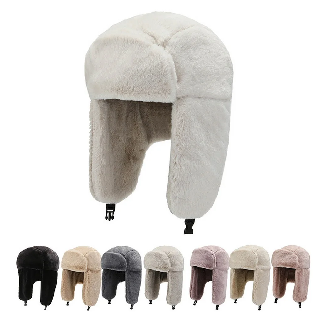 Winter Women Bomber Hats Plush Warm Caps For Female Earflap Design Outdoor Ski Ride Foldable Solid Color LF0032