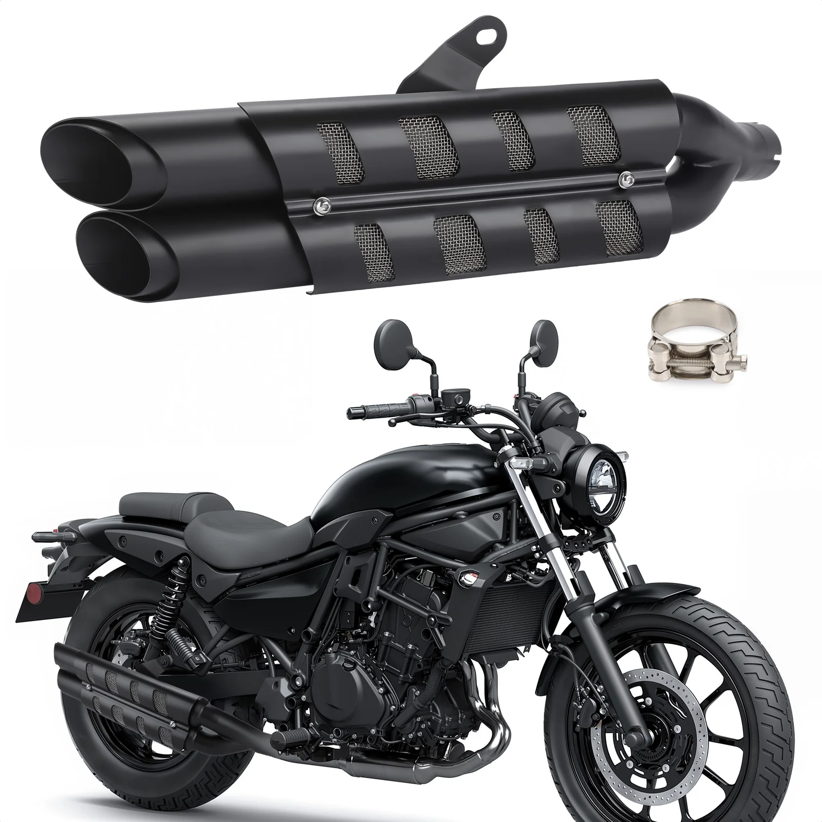 Фото Для мотоциклов Kawasaki Eliminator 450 500 2024-2025: Выхлопная труба-глушитель (слип-он) с теплозащитным кожухом, черный комплект №1