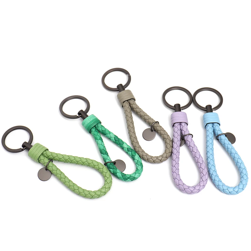 SC Leather Handmade Woven Ring Keychain Bag Hanger High Quality Matte Polished Metal Sheepskin Weave Wrist-let Strap Car Key