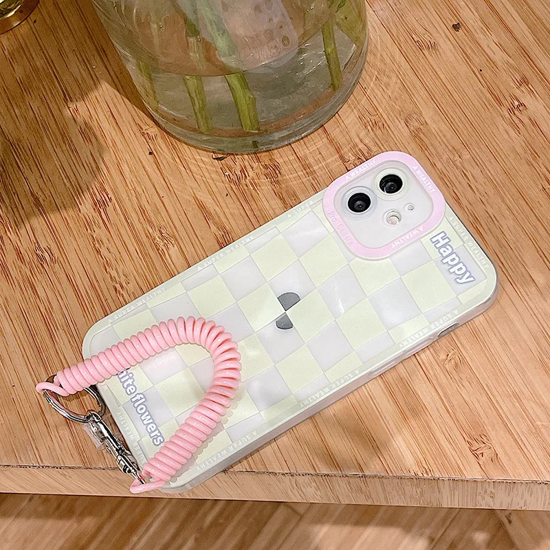 

Pink Grids Phone Case For Iphone Tansparent TPU Telephone Wire Phone Case For iphone 13 12 11 X Camera Shadow Phone Case