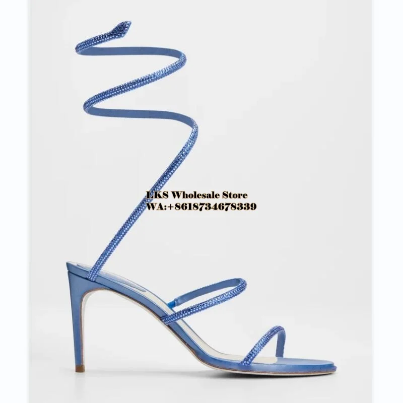 

New Shoes for Women Blue Chandelier Embellished Ankle-Wrap Satin Sandals Snake-like Ankle Straps the Shimmering Crystals Sandals