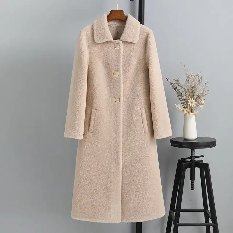Winter Woman Jacket Long Cashmere Wool Blends Female Real Fur Coat Natural Fur Collar Button Fashion Streetwear Outerwear G190