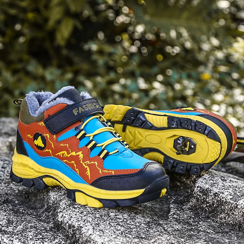 Children Fashion Shoes Boys Non-slip Paw Winter Warm Fur Snow Tactical Leather Sneakers Kids Outdoor Footwear Padded Boot Rubber