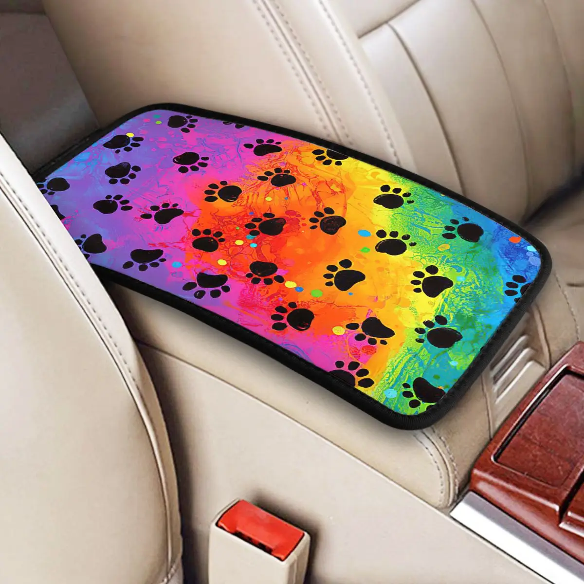 

Center Console Protective Cushion Pad Rainbow Paw Car Arm Rest Cover Mat Dog Cat Auto Accessories Interior