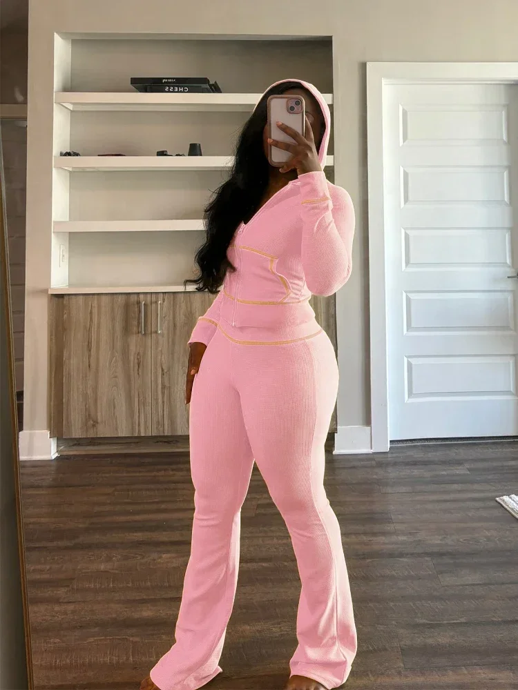 Женский костюм Ueteey с длинным рукавом капюшоном и расклешенными брюками уличный