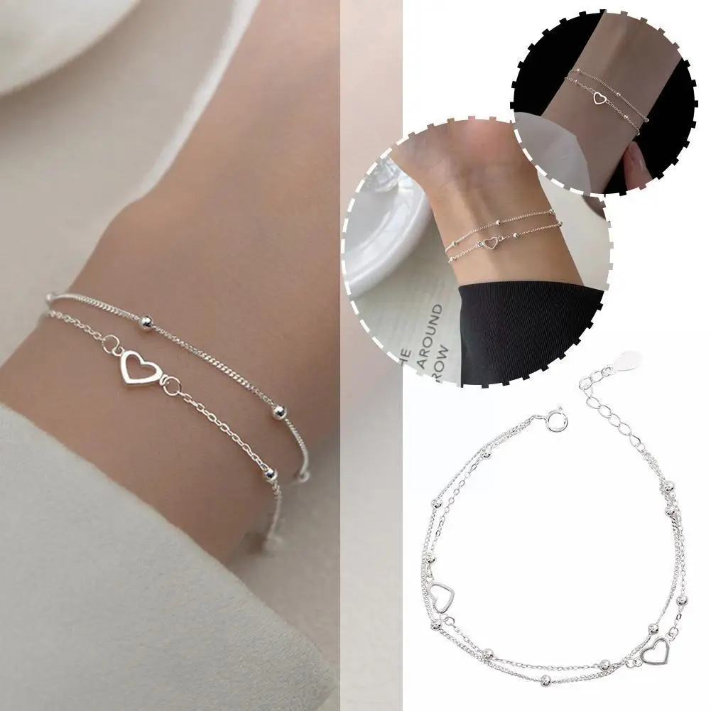 

Double Love Heart Hollow Silver Color Round Beads Adjustable Fashion Female Jewelry Bracelet Romantic Classic Gift E1T9