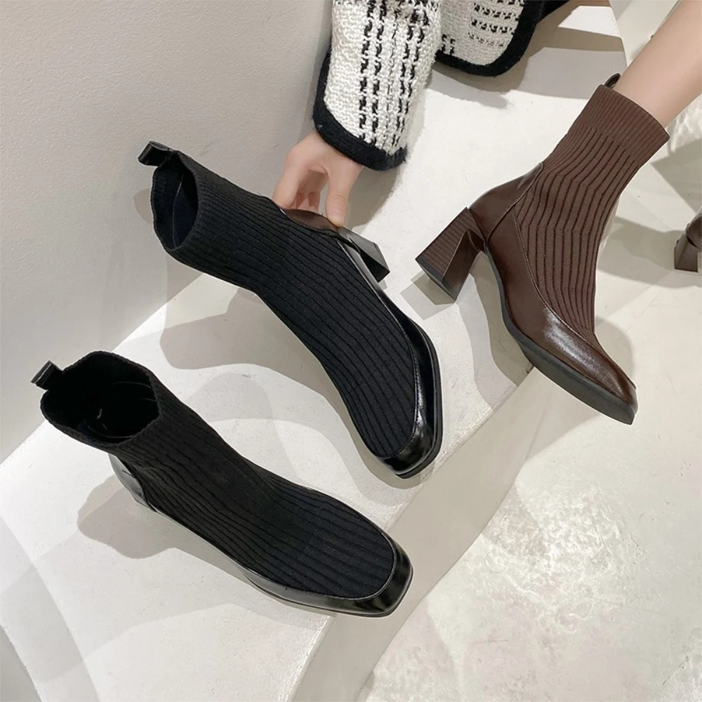 Martin boots women's British style thin socks boots high heel elastic boots women plus fleece ankle boots women's shoes