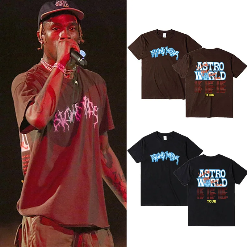 

21ss Travis scott t shirt men vintage hiphop cotton streetwear Oversized tee tops cactus jack lightning Brown