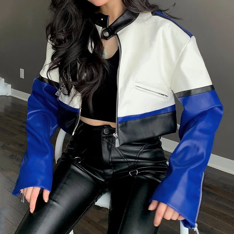 Street Trend Short Leather Jacket Ins Niche Design Biker Jacket Hundred Personality Collision Color Top