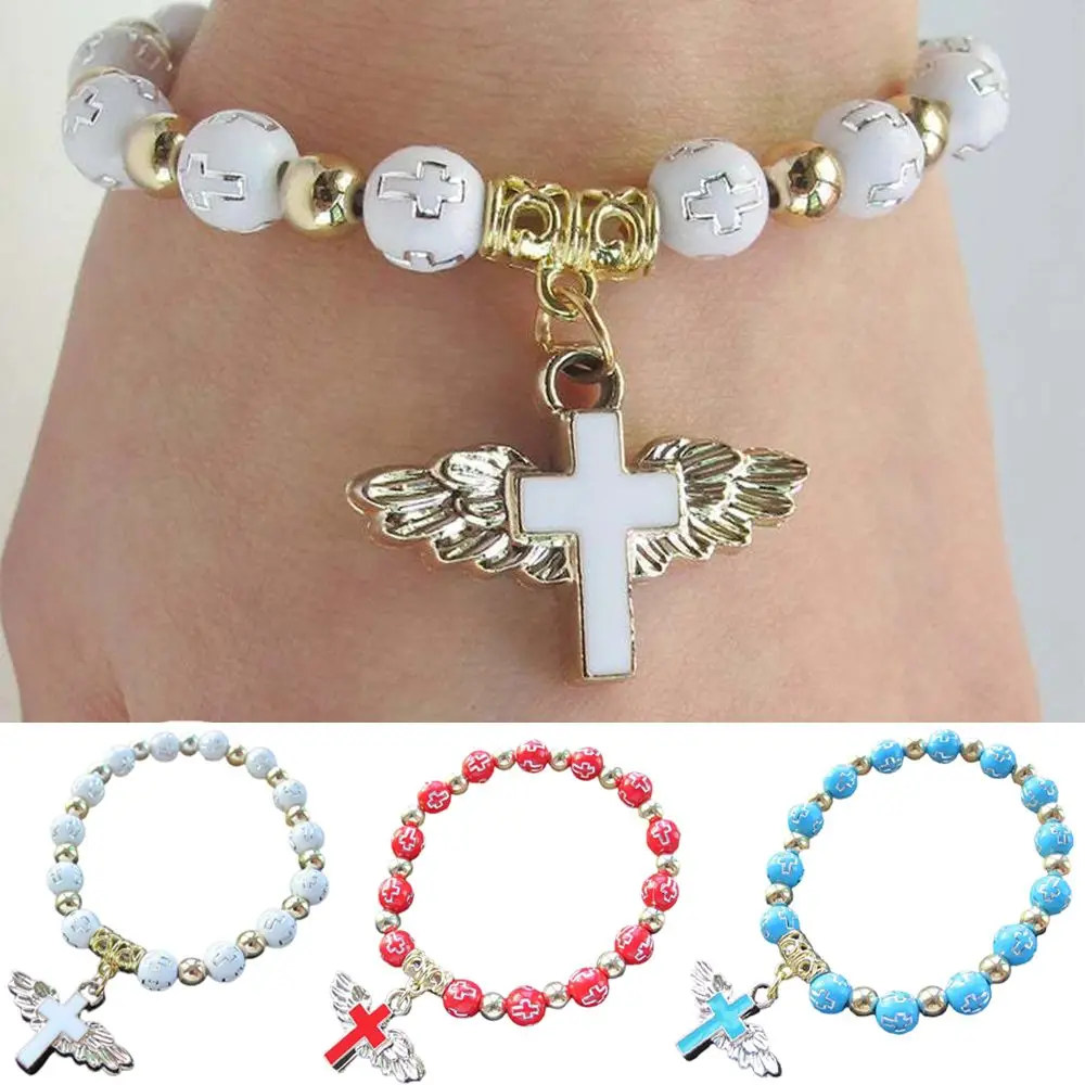 

Vintage Women Oil Drop Bronzing Cross Bead Bracelet Rosary Bracelet Charm Bracelet Angel