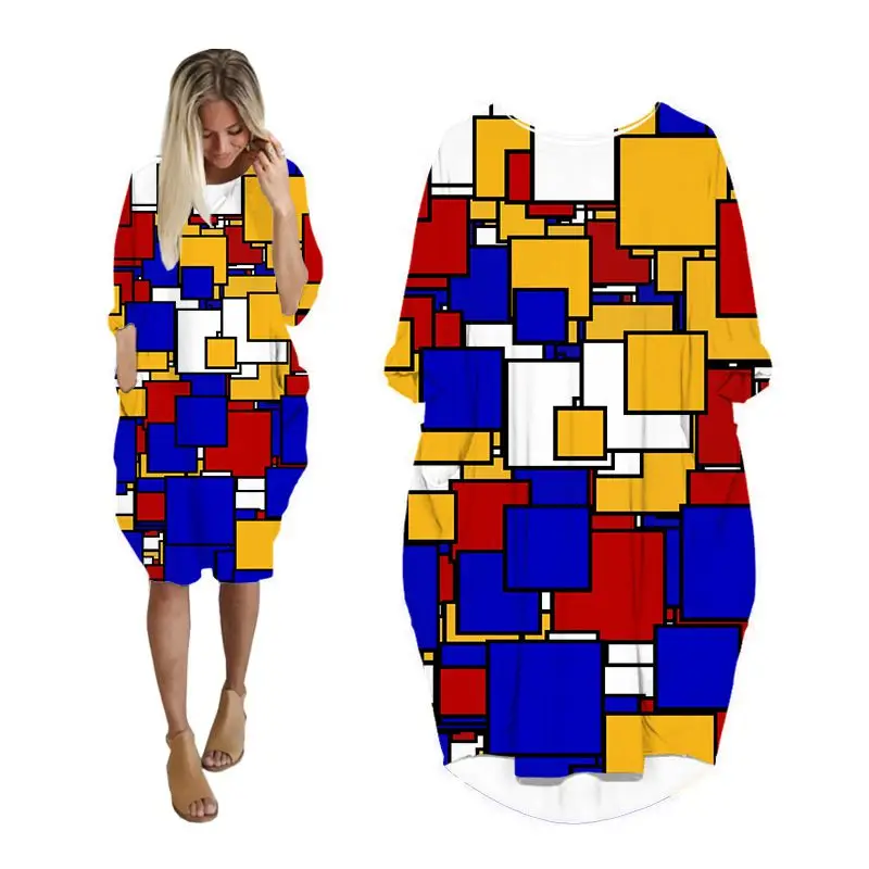 

Платье женское средней длины с карманами и длинным рукавом, Повседневная модная одежда с геометрическим принтом, большие размеры