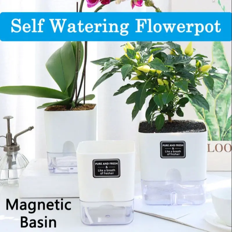 Rectangular Self Watering Flowerpot Cotton Rope Automatic Suction Planter Transparent Plastic Square Plants Pot