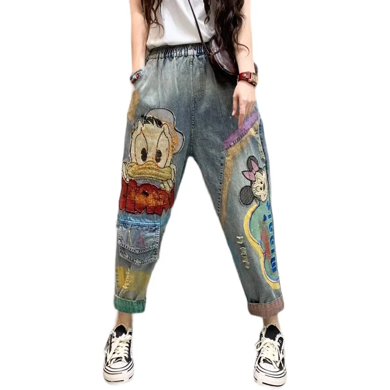 Spring and Autumn Thin Cartoon Embroidered Patch Ripped Denim Ankle-Length Pants Women's Elastic Waist Casual Streetwear Jeans images - 6