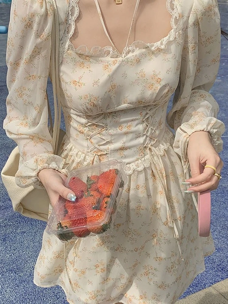 

Mori Kawaii Floral Mini Dress Women Vintage Bandage Lace-up Wrap Elegant Long Sleeve Short Dresses 2022 Spring Summer