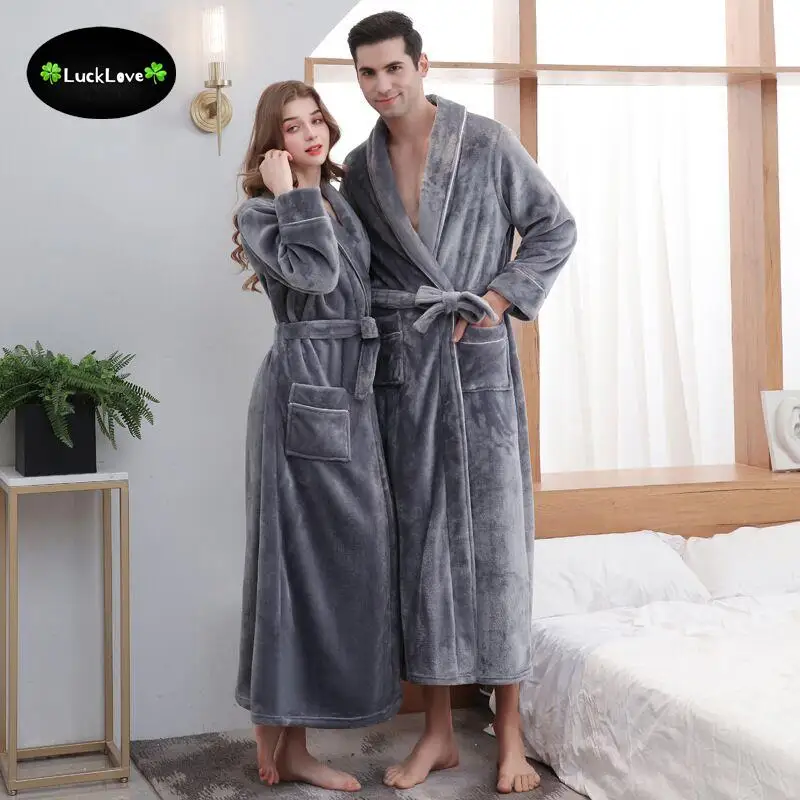 Men Luxury Winter Super Long Thick Warm Pocket Flannel Bathrobe Plus Size Fleece Kimono Bath Robe Couple Night Dressing Gown